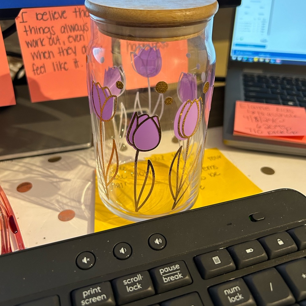 Glass Jar with Purple Tulip Design and Wooden Lid